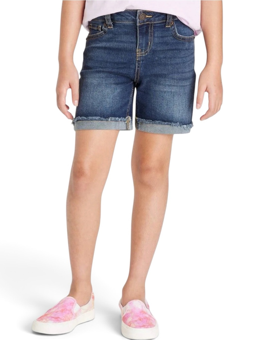 Cat & Jack Cuffed Hem Midi Jean Shorts Dark Wash Denim Girls M 7/8 🛍️2/$8 • 3/$9